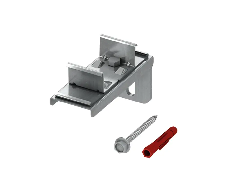 Metallischer Halter mit zwei Schienen zur Befestigung von Profilrohren, inklusive Schraube und Dübel. Geeignet für Anwendungen mit TECEprofil Systemen.